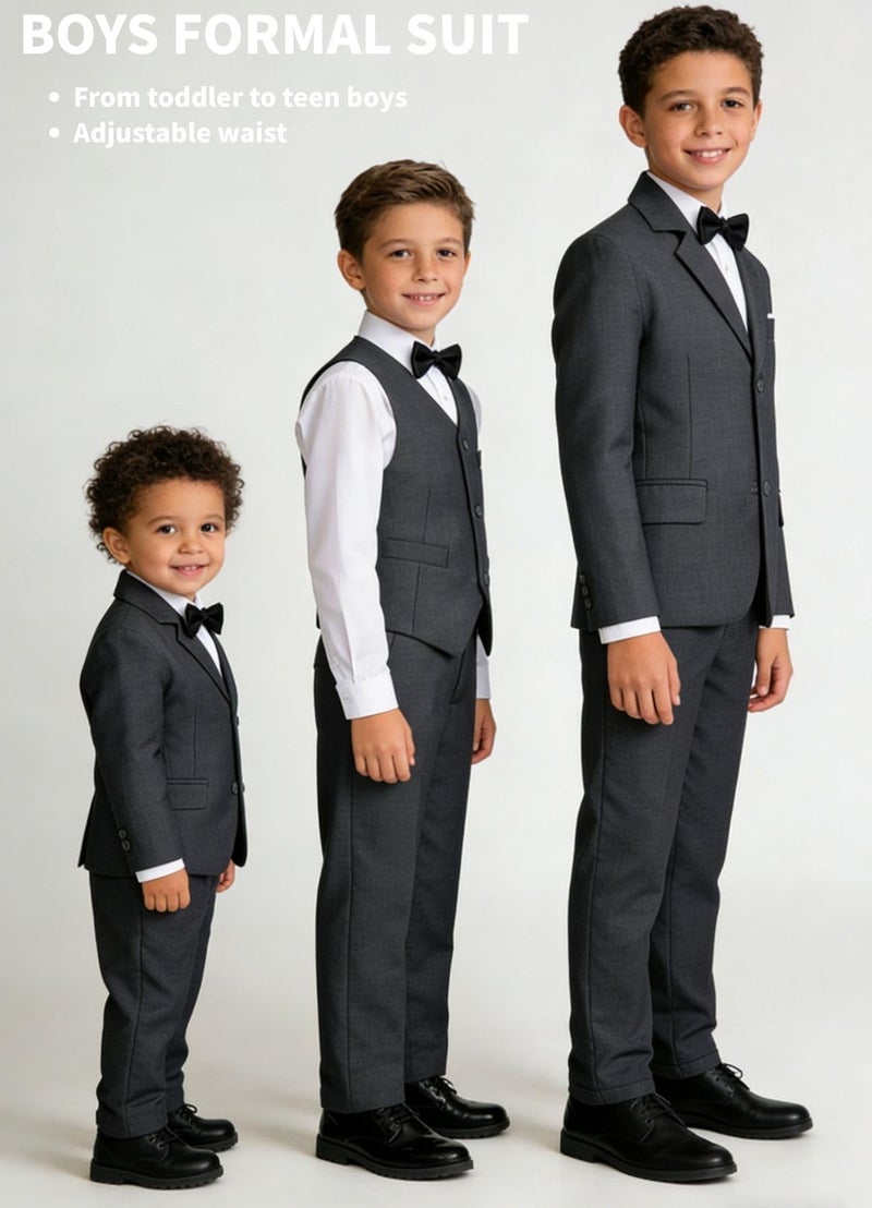 Addneo Suits for Boys,Slim Fit Suit Set Tuxedo 5 Pieces Little Boy Dark Gray Suit Size 2T - Image 4